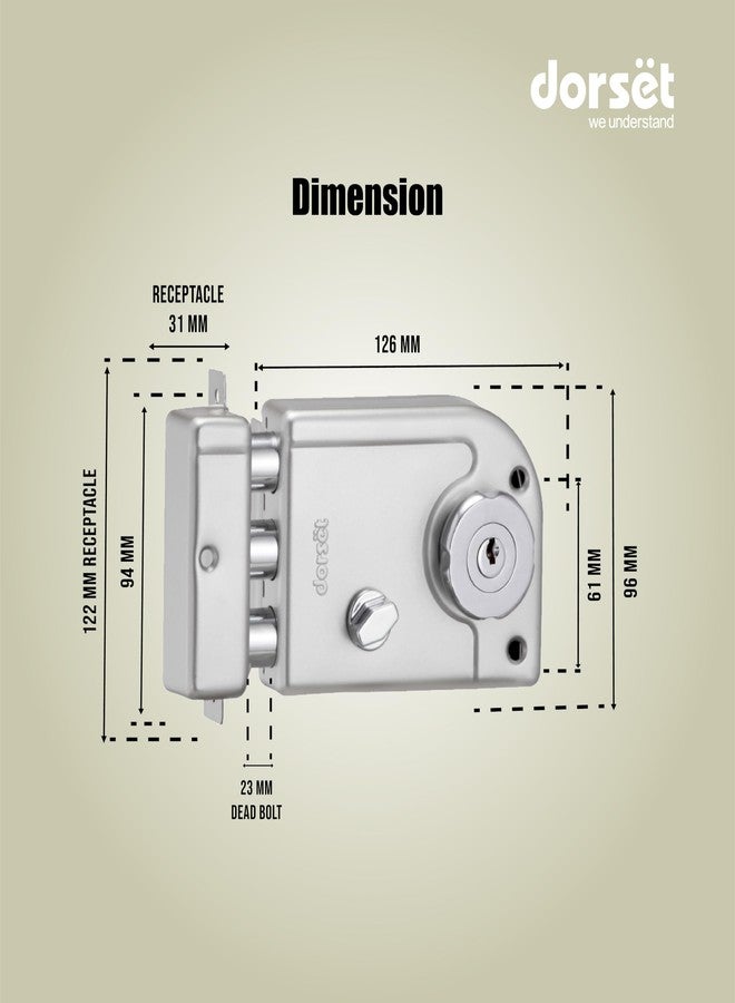 Dorset Phantom Rim Lock for Main Door | Both Side Key Lock, Secure Dimple Key | 50,000 Cycle Durability | Best Fit for 30-60mm Residential & Commercial Doors | Satin Nickel Finish | PHA300SN - Image 4